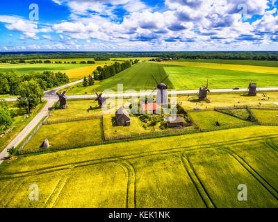 Isola di saarema, Estonia: antenna vista superiore dei campi estivi e angla mulini a vento in parrocchia leisi Foto Stock