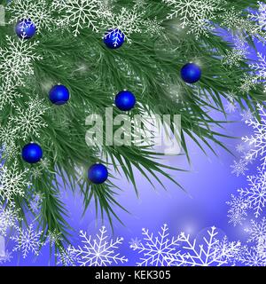 Telaio di Natale realizzata da rami di abete decorato con fiocchi di neve, blue balls isolato su sfondo blu Illustrazione Vettoriale