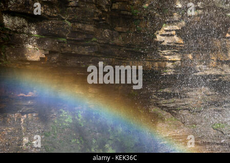 Rainbow visto nella caduta di acqua di forza hardraw vicino hawes nel Yorkshire Dales National Park, Inghilterra. Foto Stock