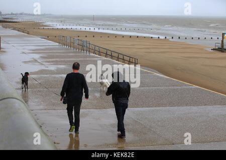 Dymchurch, Kent, Regno Unito. Il 22 ottobre 2017. Vento e pioggia di condizioni come questo giovane a piedi i loro cani su un deserto lungomare in Dymchurch, Kent. Photo credit: Paolo Lawrenson/ Alamy Live News Foto Stock