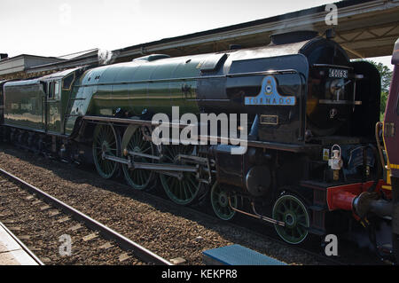 Il motore di vapore il 'Tornado' fermato a Taunton stazione ferroviaria per assumere acqua mentre si tira il Torbay Express in estate 2017 Foto Stock