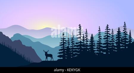 Paesaggio con sagome di cervi, montagne di cervi e foresta a sunrise. illustrazione vettoriale Illustrazione Vettoriale