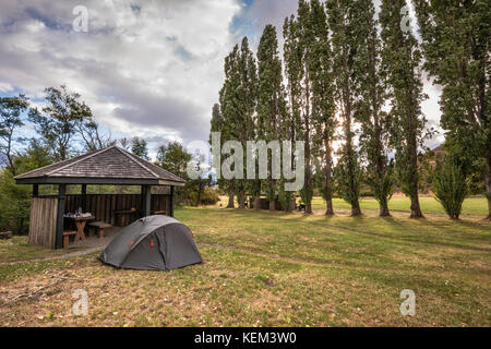 Fila di pioppi a Westwinds Camping campeggio a valle Chacabuco, Patagonia futuro parco nazionale del Cile Foto Stock