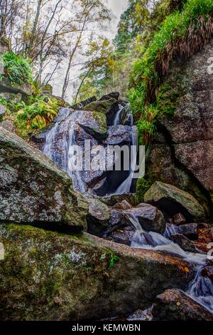 Cascata a masterizzare o Iva Glacially eroso buca, Muir of Dinnet NNR, Cairngorms, Scotland, Regno Unito. Autunno 2017. Foto Stock