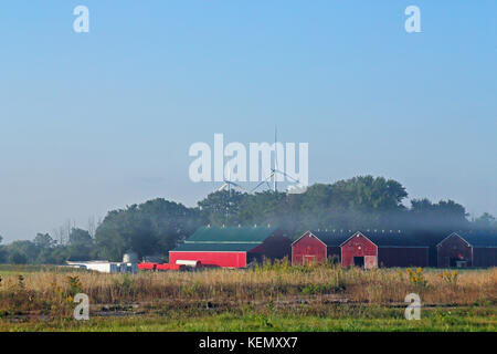 Paesaggio rurale con fienili alberi e turbine eoliche in Ontario meridionale Foto Stock