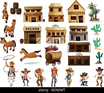 Illustrazione dei cowboy e degli edifici Illustrazione Vettoriale