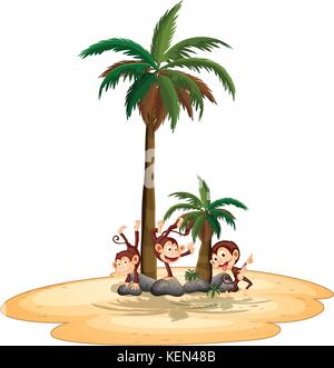 Illustrazione delle tre scimmie giocando su un isola Illustrazione Vettoriale