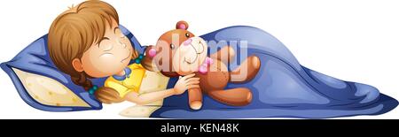 Illustrazione di una ragazza che dorme con un giocattolo su sfondo bianco Illustrazione Vettoriale