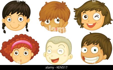 Illustrazione dei sei capi di diversi bambini su sfondo bianco Illustrazione Vettoriale