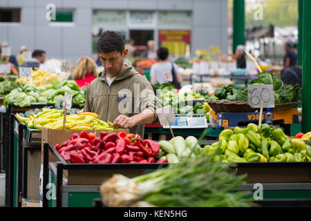 L'uomo la vendita di frutta e verdura al mercato verde a Belgrado in Serbia Foto Stock