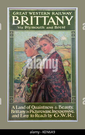 Vintage BRITTANY retrò poster di viaggio degli anni trenta GWR Great Western Railway in Bretagna Francia via Plymouth e Brest Foto Stock