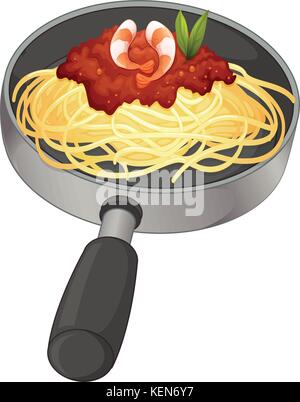 Illustrazione di un gli spaghetti al dente in una padella su sfondo bianco Illustrazione Vettoriale