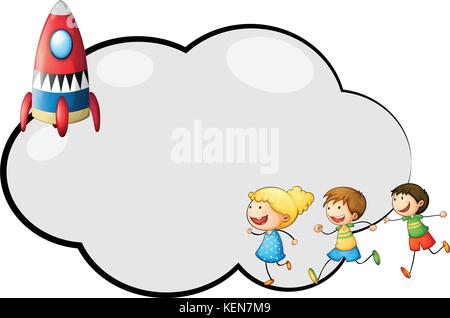 Illustrazione di un vuoto modello cloud con bambini e un razzo su sfondo bianco Illustrazione Vettoriale