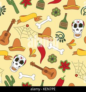 Messico icone pattern perfetta illustrazione vettoriale. Tradizionali elementi messicano contesto carnival o festival Illustrazione Vettoriale