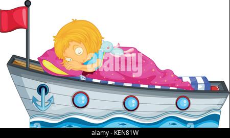 Una giovane ragazza di dormire su una barca su un fondo bianco Illustrazione Vettoriale