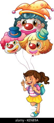 Illustrazione di un felice ragazza con palloncini clown su sfondo bianco Illustrazione Vettoriale