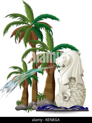 Illustrazione della statua del Merlion vicino le palme su sfondo bianco Illustrazione Vettoriale