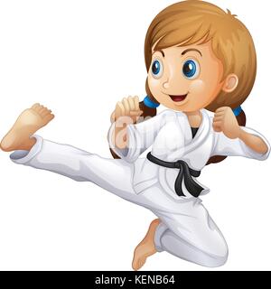 Illustrazione di una giovane ragazza praticare il karate su sfondo bianco Illustrazione Vettoriale