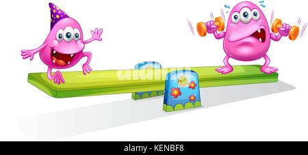 Illustrazione di due mostri rosa giocare con l'altalena su sfondo bianco Illustrazione Vettoriale