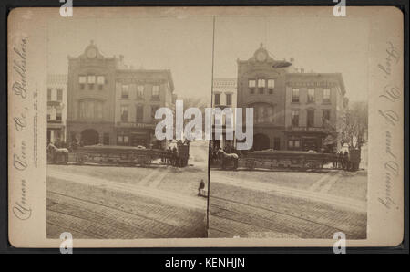 Ganci di Troia. (Che mostra un incendio in scaletta anteriore Curley's hotel e ristorante.), da Robert N. Dennis raccolta di vista stereoscopica Foto Stock