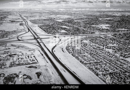 Vista da sopra Saskatoon in bianco e nero scena invernale Foto Stock