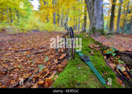 Set di maschi - coltelli e orologi. nero coltello e smart watch in autunno forrest Foto Stock