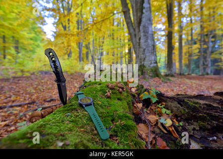 Set di maschi - coltelli e orologi. nero coltello e smart watch in autunno forrest Foto Stock