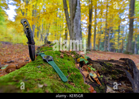 Set di maschi - coltelli e orologi. nero coltello e smart watch in autunno forrest Foto Stock