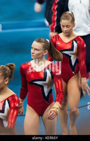 Bridget sloan e shawn johnson (USA) in lizza nella qualificazione delle donne al 2008 olimpiadi estive a Pechino, Cina Foto Stock