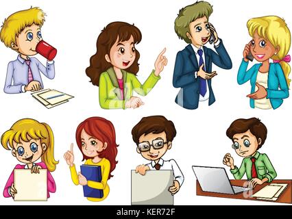 Illustrazione delle diverse persone che lavorano in un ufficio su sfondo bianco Illustrazione Vettoriale