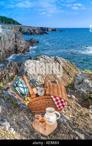 PICNIC Bretagna Francia ostacolare con il tipico vino francese di formaggio e pane producono sul robusto Bretagna meridionale costa a Doëlan Finistere Bretagna Francia Foto Stock