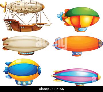 Illustrazione degli insiemi di oggetti volanti su sfondo bianco Illustrazione Vettoriale