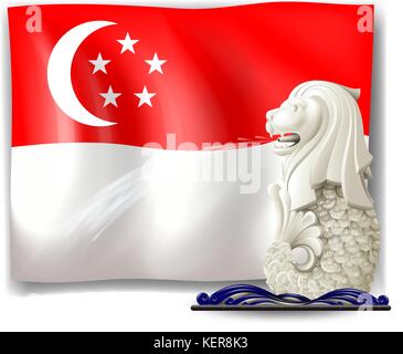 Illustrazione della statua del Merlion e Bandiera di Singapore su sfondo bianco Illustrazione Vettoriale