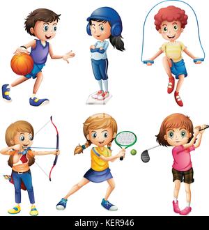 Bambini che giocano sport su bianco Illustrazione Vettoriale