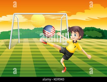 Illustrazione di una signora player calciare il pallone con la bandiera degli stati uniti Illustrazione Vettoriale