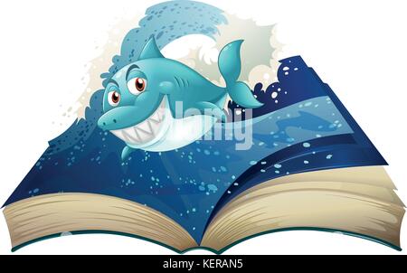 Illustrazione di un libro con un sorridente blue shark e onde su sfondo bianco Illustrazione Vettoriale