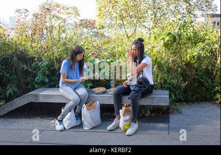 Due giovani donne che mangiano un pranzo al sacco sulla High Line a New York City Foto Stock