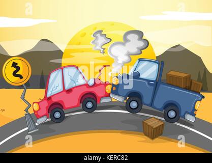 Illustrazione delle due vetture andando a sbattere in mezzo alla strada Illustrazione Vettoriale