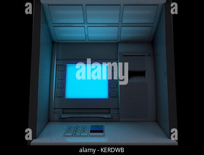 Una vista ingrandita di un generico facciata atm con un vuoto illuminato sceen isolato su un background - 3D render Foto Stock