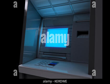 Una vista ingrandita di un generico facciata atm con un vuoto illuminato sceen isolato su un background - 3D render Foto Stock