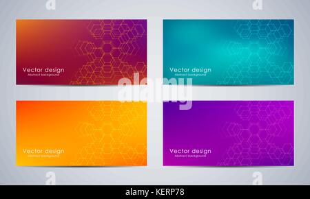 Abstract design banner con sfondo esagonale. Grafica geometrica e le tubazioni collegate con punti. Scientifico e concetto tecnologico, illustrazione vettoriale Illustrazione Vettoriale