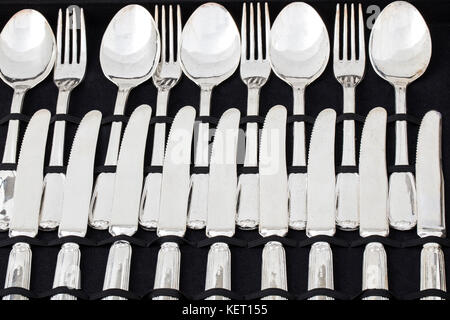 Set di arnese da cucina. Acciaio inox coltello, forchetta ee zuppa cucchiai. Foto Stock