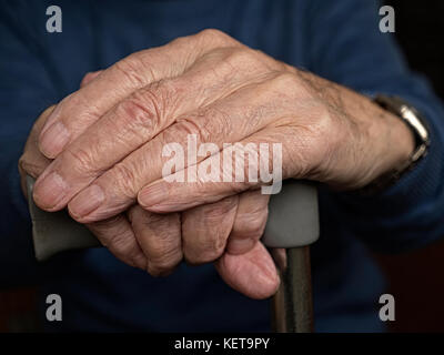 Old mans mani appoggiate sul bastone da passeggio. Foto Stock