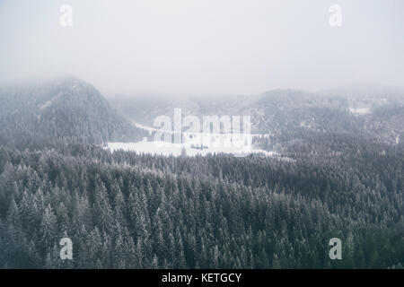 Foreste di montagna coperto di nuvole basse catturato dal di sopra con un drone. Foto Stock