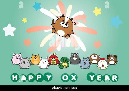Felice anno nuovo per Ox anno di animale simbolo dello zodiaco cinese oroscopo in cartoon vettore illustrazione design Illustrazione Vettoriale