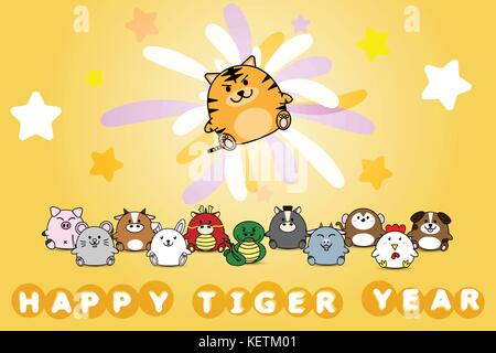 Felice anno nuovo per Tiger anno di animale simbolo dello zodiaco cinese oroscopo in cartoon vettore illustrazione design Illustrazione Vettoriale