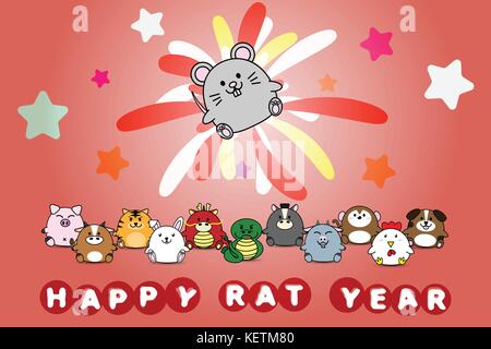 Felice anno nuovo per il ratto anno di animale simbolo dello zodiaco cinese oroscopo in cartoon vettore illustrazione design Illustrazione Vettoriale