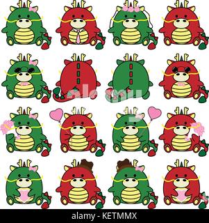 Bella carino coppia cartoon dragon insieme di raccolta con varietà carattere isolare icona vettore Illustrazione Vettoriale