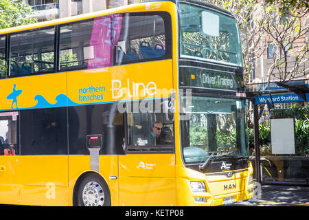 Nuovo giallo di Sydney double decker bus di linea per la linea B servizio bus percorso lungo pittwater road nord di Sydney, Australia Foto Stock