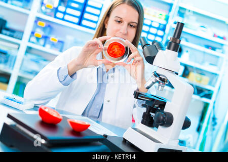 Controllare la frutta e la verdura per elementi dannosi. laboratorio per il controllo della qualità dei prodotti alimentari Foto Stock